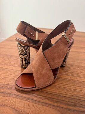 BCBGMaxAzria Brown Suede Cross‑Band Heels with Snake‑Print Block Heel